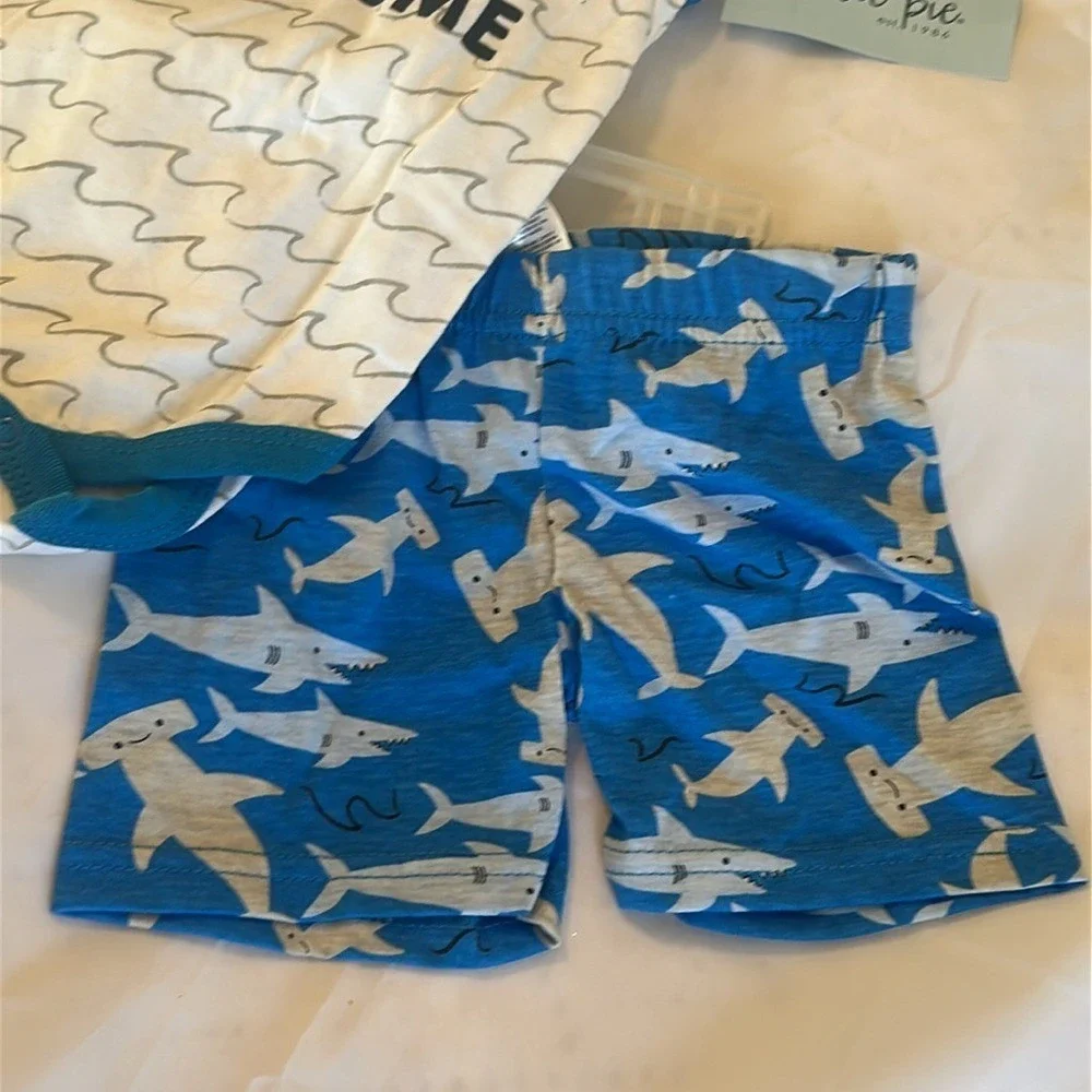Cutie Pie Baby Boys 3 Piece Shark Jawsome Set Bodysuit Shorts Booties 3-6M Blue